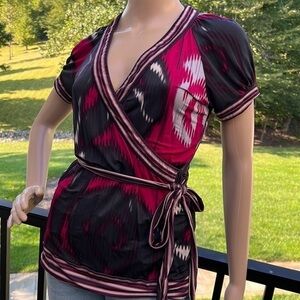 BCBGMAXAZRIA vintage Y2K black/pink/gray abstract print faux wrap tie top